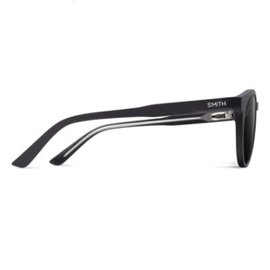 Side profile of matte black Smith sunglasses with silver temple accents