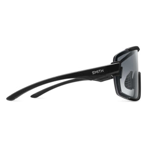 Side profile of Smith Optics black performance sunglasses with grey lenses