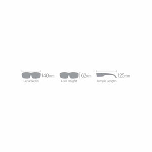 Smith Optics sunglasses dimension diagram showing lens width 140mm lens height 62mm and temple length 125mm