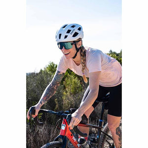 Cyclist wearing a Smith Optics helmet and sunglasses riding a bicycle outdoors
