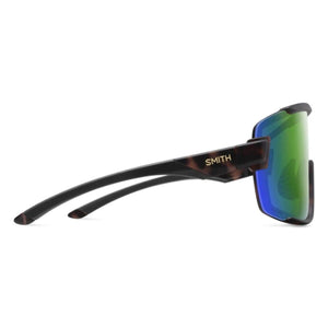 Smith Optics sunglasses with tortoise shell frame and green reflective lens viewed from the side