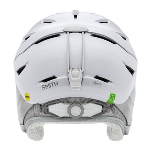 Back view of white Smith Optics Liberty ski helmet with adjustable dial and goggle strap