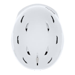 Top view of a white Smith Optics ski helmet with ventilation ports