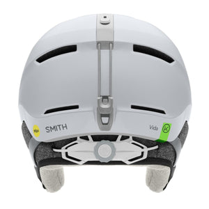 Back view of white Smith Vida ski helmet with adjustable dial and goggle strap clip