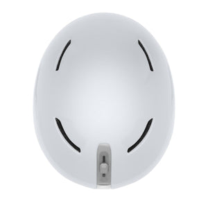 Top view of a white Smith Optics ski helmet with four ventilation slots and a rear adjustment dial
