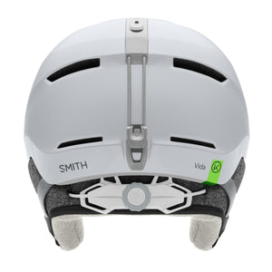 Back view of white Smith Vida ski helmet with adjustable fit dial and goggle strap