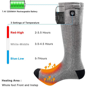 Snow Deer heated socks showing battery, temperature settings, and heating area