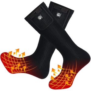 Snow Deer black heated socks with battery pockets and heat zone graphics on the feet