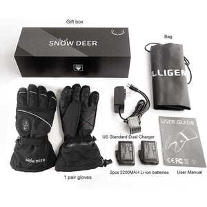 Snow Deer heated gloves set with batteries, dual charger, storage bag, and user manual in a gift box