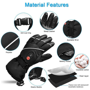 Snow Deer heated gloves showing material features like sheep leather, battery pocket, and insulation layers
