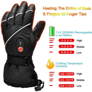 Snow Deer heated glove with battery life and temperature setting chart