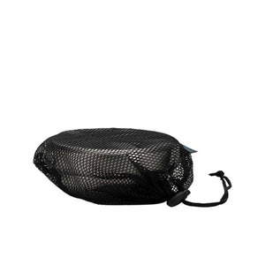 Round metal camping cookware set inside a black mesh drawstring storage bag