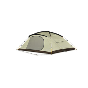 Snow Peak dome tent with beige canopy and brown base