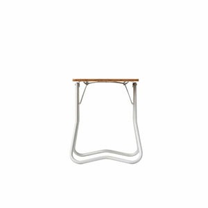 Snow Peak folding table with wooden top and white metal legs