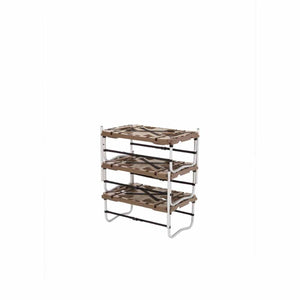 Snow Peak three tier folding camp storage shelf with tan fabric surfaces and silver metal frame