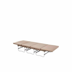 Snow Peak folding camp cot with beige padded surface and white metal frame