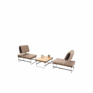 Snow Peak camping table and two chairs set with metal frames and beige cushions