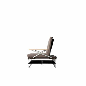 Side view of a Snow Peak folding camping bench with wooden armrests and brown cushions