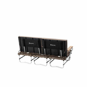 Rear view of a Snow Peak folding camping bench with metal frame and brown fabric cushions