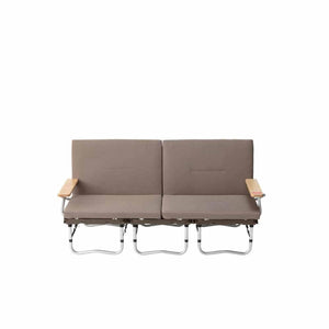 Snow Peak folding bench with brown cushions and wooden armrests
