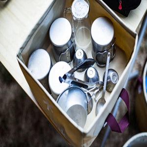 Snow Peak camping cookware set inside a storage container