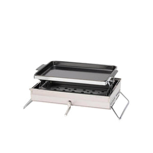 Portable stainless steel camping grill with a flat top griddle plate