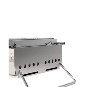 Stainless steel portable charcoal grill with side ventilation holes and metal handle