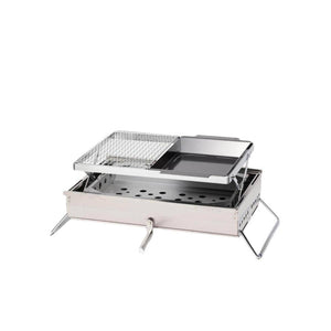 Portable stainless steel camping grill with wire rack and flat griddle plate