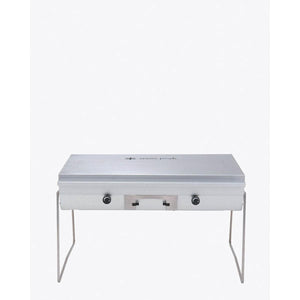 Snow Peak stainless steel two burner camping stove with wire legs