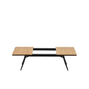 Snow Peak bamboo folding table with black metal frame and open center section