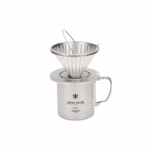 Snow Peak titanium coffee dripper set on a metal mug