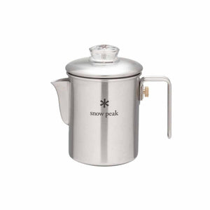Snow Peak stainless steel coffee percolator with clear glass knob on lid