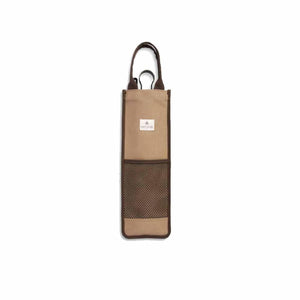 Snow Peak brown canvas bottle holder with mesh pocket and carry handle