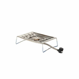 Snow Peak stainless steel camping stove with burner and fuel hose