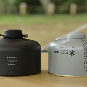 Snow Peak Giga Power battery and a Snow Peak gas canister on a wooden surface