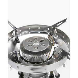 Stainless steel portable camping stove burner with serrated pot supports