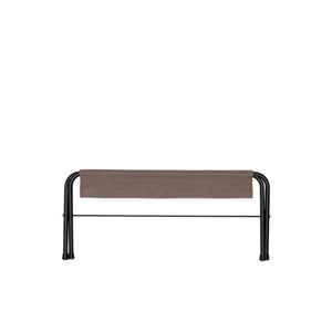 Snow Peak folding bench with black metal frame and brown fabric seat