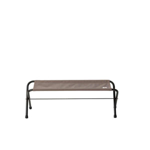 Brown fabric camping bench with black metal frame
