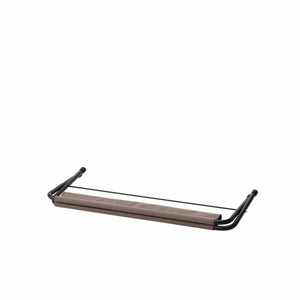Snow Peak folding camp shelf with brown fabric and black metal frame