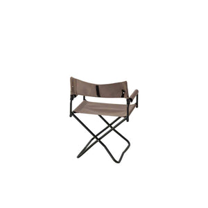 Snow Peak folding camp chair with brown fabric seat and black metal frame