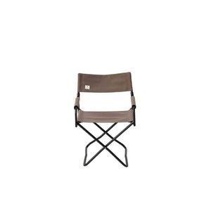 Snow Peak folding director chair with brown fabric seat and black metal frame