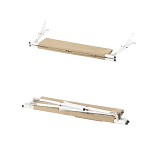 Snow Peak folding camping cot in partially and fully collapsed positions