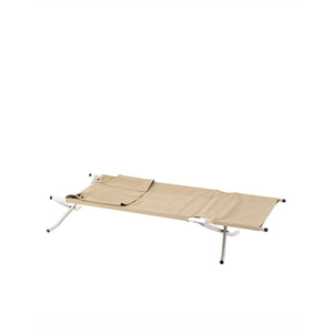 Snow Peak beige folding camping cot with metal frame