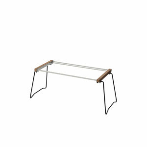 Portable camping table frame with metal legs and wooden side supports