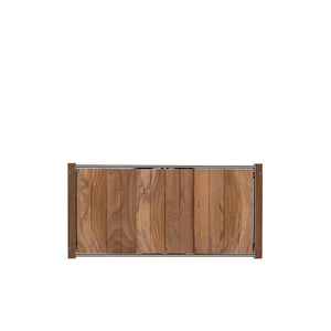Rectangular teak wood coffee table with metal frame viewed from above