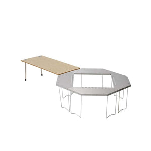 Snow Peak hexagonal metal fire pit table with attached wooden side extension