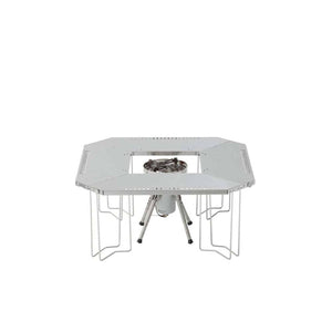 Snow Peak stainless steel camping table with integrated burner