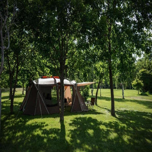 Snow Peak brown camping tent set up in a grassy area under trees