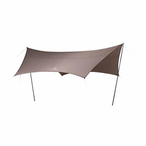 Snow Peak brown rectangular camping tarp set up on poles