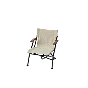 Snow Peak folding camp chair with beige canvas seat and wooden armrests on black metal frame